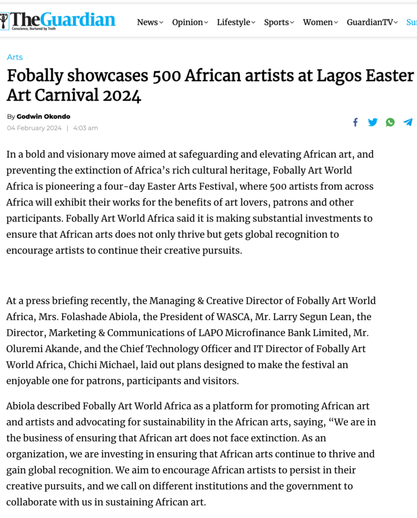 Fobally showcases 500 African artists at Lagos Easter Art Carnival 2024
